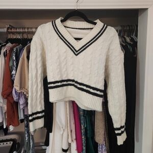 Women's V-Neck Cable Knit Sweater - Cream and Black